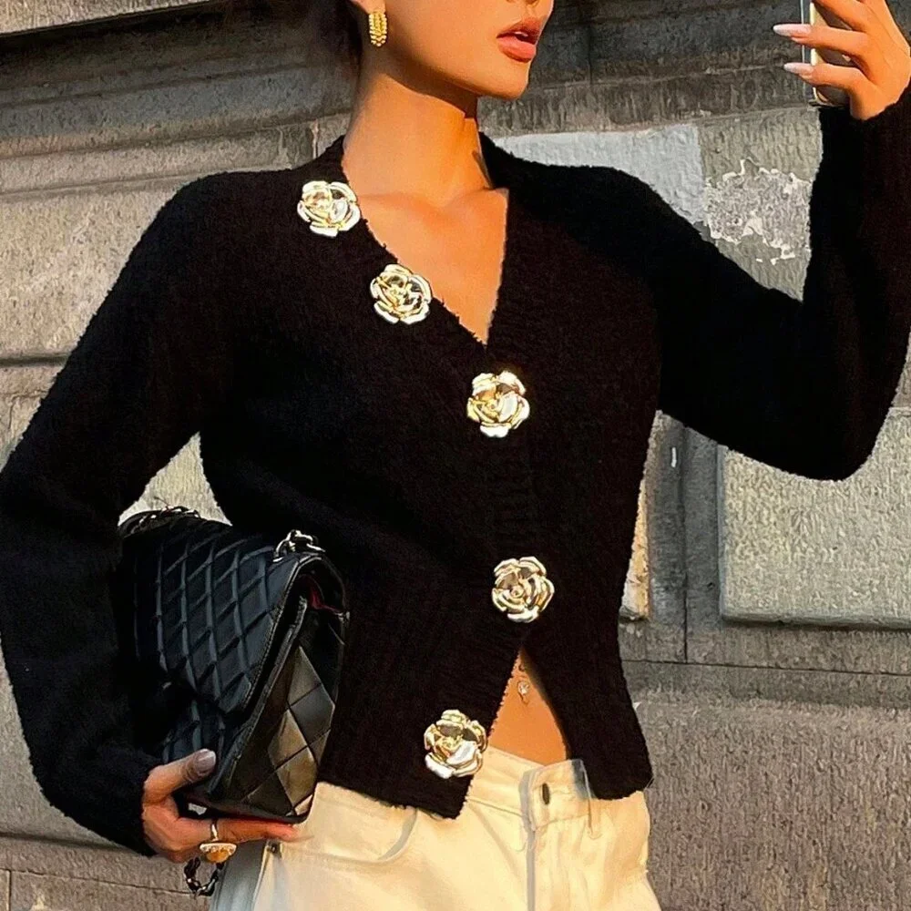 Black Casual Women's V-Neck Rose Button-Up knit sweater Cardigan